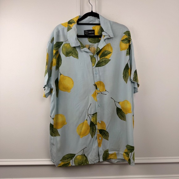 Original Use Other - Original Use Mens XL Lemon Print Short Sleeve Button Down Shirt Light Blue Rayon